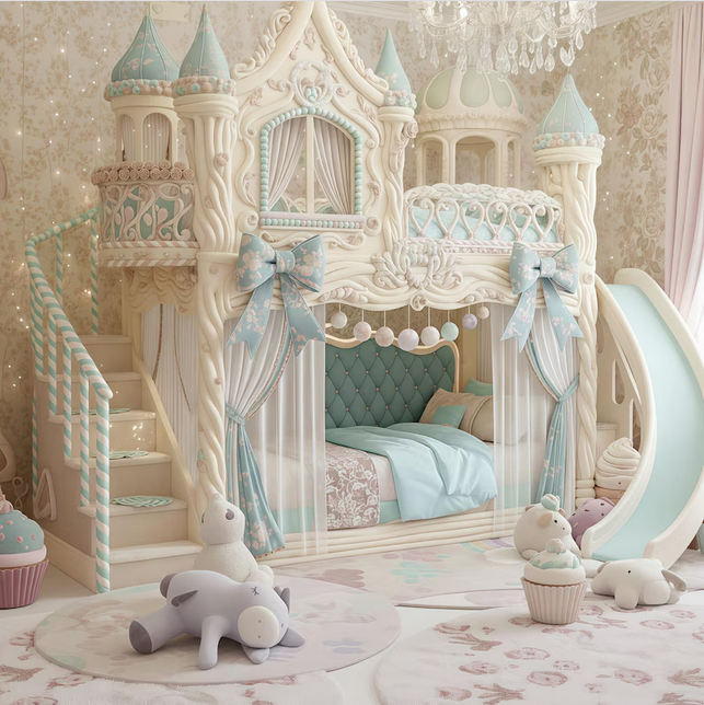 Ornate Castle Bunk Bed with Slide | Pastel Blue Princess Loft