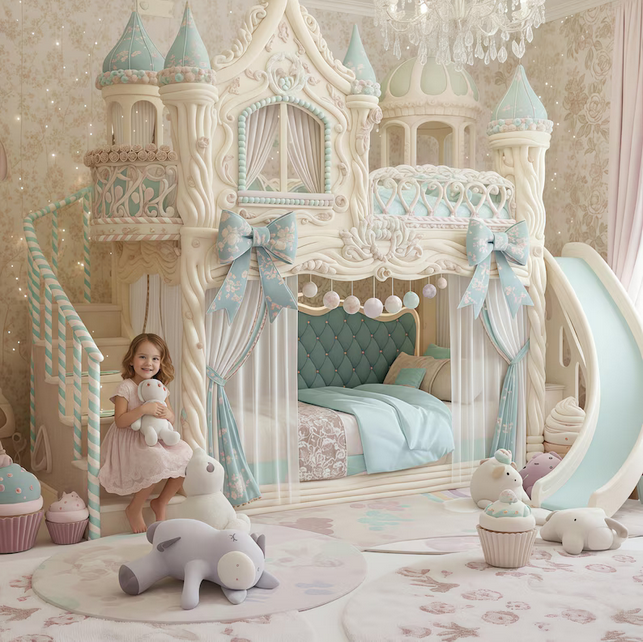 Ornate Castle Bunk Bed with Slide | Pastel Blue Princess Loft