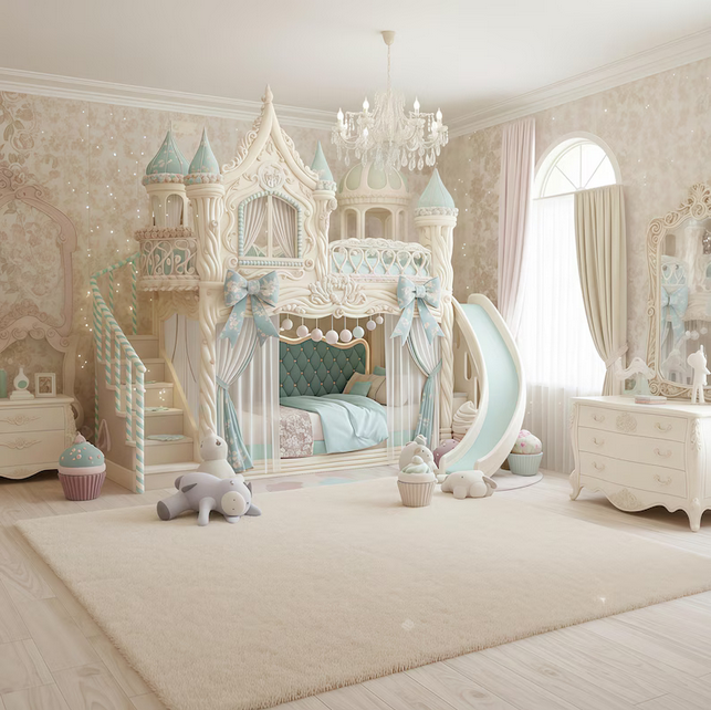Ornate Castle Bunk Bed with Slide | Pastel Blue Princess Loft