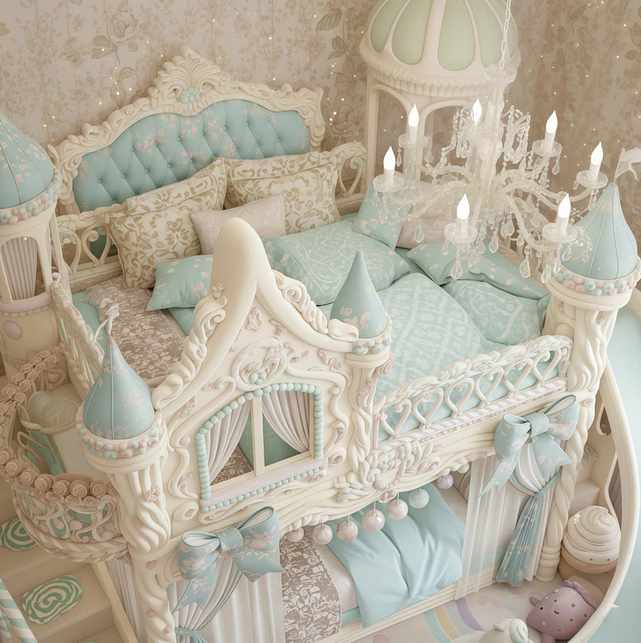 Ornate Castle Bunk Bed with Slide | Pastel Blue Princess Loft