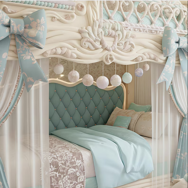 Ornate Castle Bunk Bed with Slide | Pastel Blue Princess Loft
