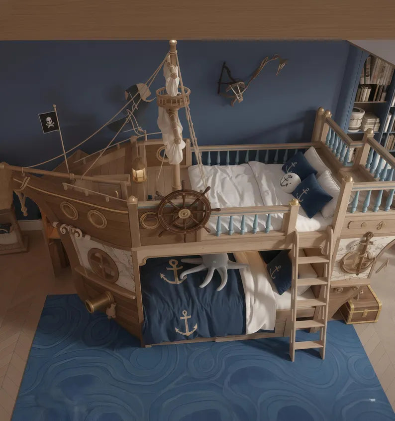 Pirate Ship Bunk Bed with Captain's Wheel & Side Cabin