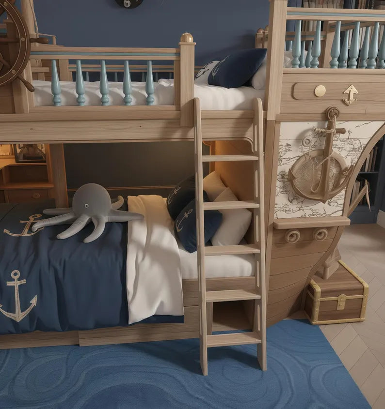 Pirate Ship Bunk Bed with Captain's Wheel & Side Cabin