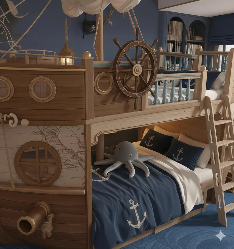 Pirate Ship Bunk Bed with Captain's Wheel & Side Cabin