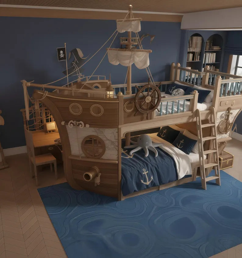 Pirate Ship Bunk Bed with Captain's Wheel & Side Cabin