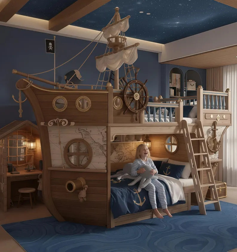 Pirate Ship Bunk Bed with Captain's Wheel & Side Cabin