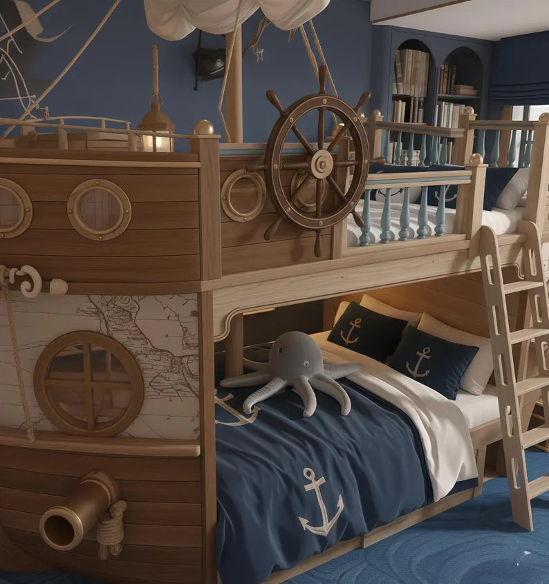 Pirate Ship Bunk Bed with Captain's Wheel & Side Cabin