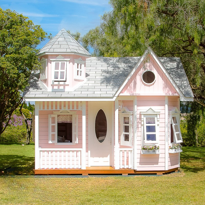 Luxury Wooden Playhouse for Kids with Loft – Handcrafted Cedar Cottage, Shingle Roof, Flower Boxes – Outdoor Pretend Play House