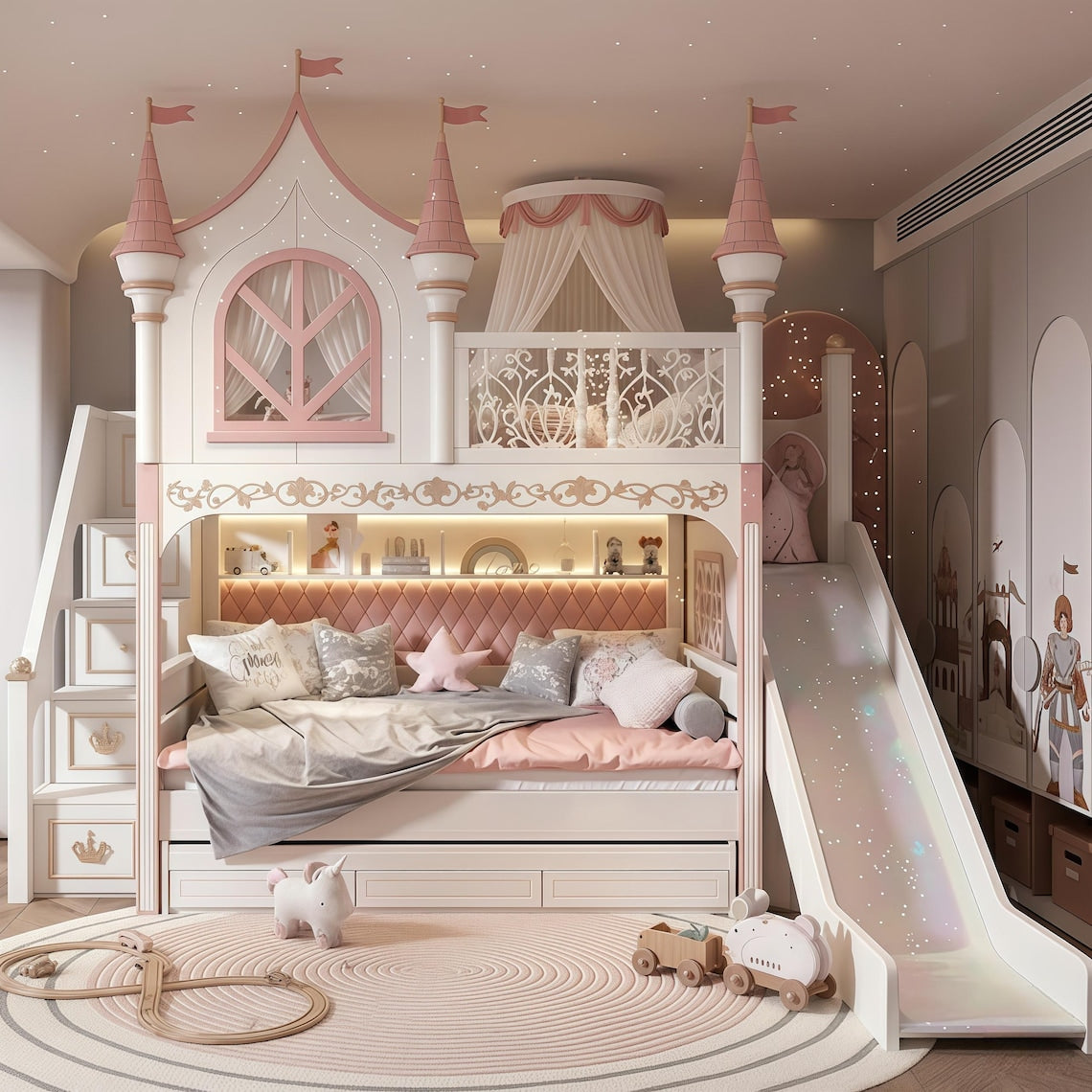 Castle Bunk Bed with Slide & Storage Stairs | Luxury Princess Pink, White Palace Loft