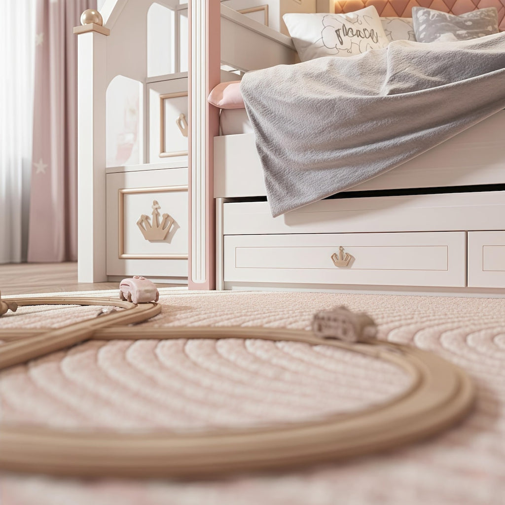 Castle Bunk Bed with Slide & Storage Stairs | Luxury Princess Pink, White Palace Loft