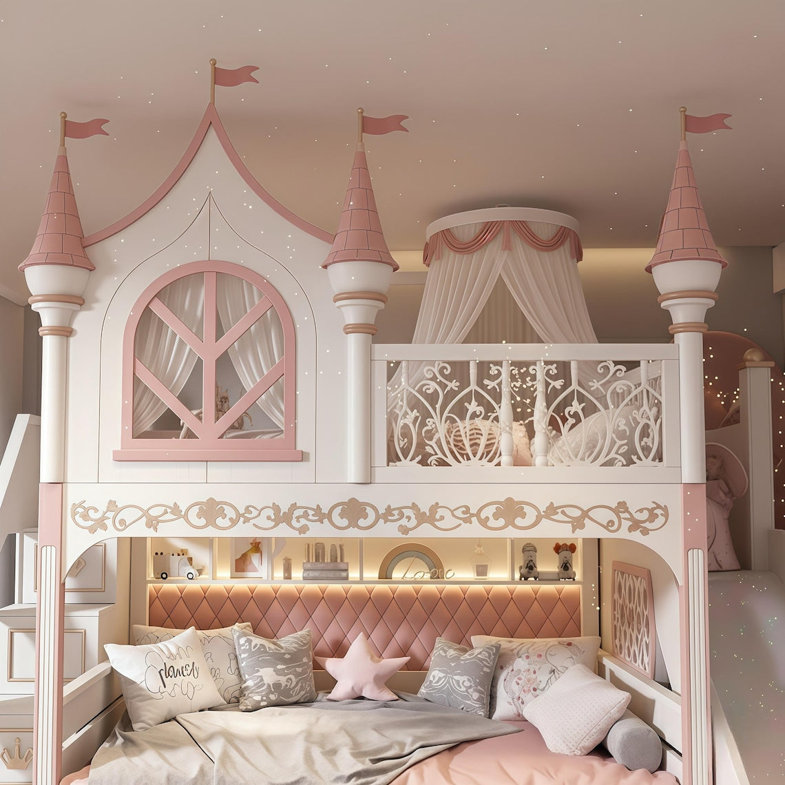 Castle Bunk Bed with Slide & Storage Stairs | Luxury Princess Pink, White Palace Loft