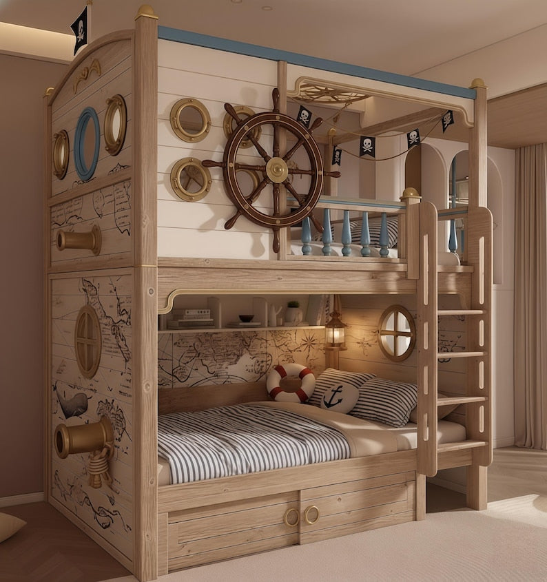 Pirate Ship Themed Bunk Bed w/ Captain's Wheel & Drawers | Nautical Kids Loft Bed