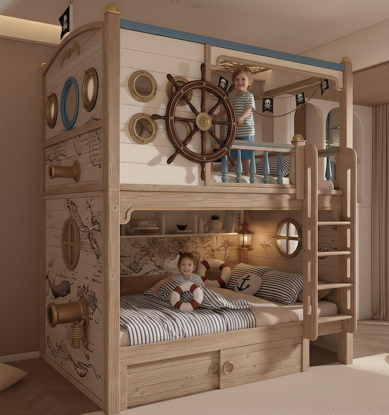 Pirate Ship Themed Bunk Bed w/ Captain's Wheel & Drawers | Nautical Kids Loft Bed