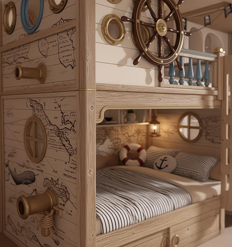 Pirate Ship Themed Bunk Bed w/ Captain's Wheel & Drawers | Nautical Kids Loft Bed
