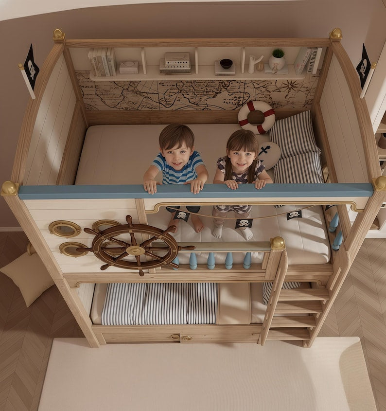 Pirate Ship Themed Bunk Bed w/ Captain's Wheel & Drawers | Nautical Kids Loft Bed