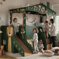 Forest Green Wooden Treehouse Loft Bed with Slide & Storage Stairs | Jungle Animal Kids Bed