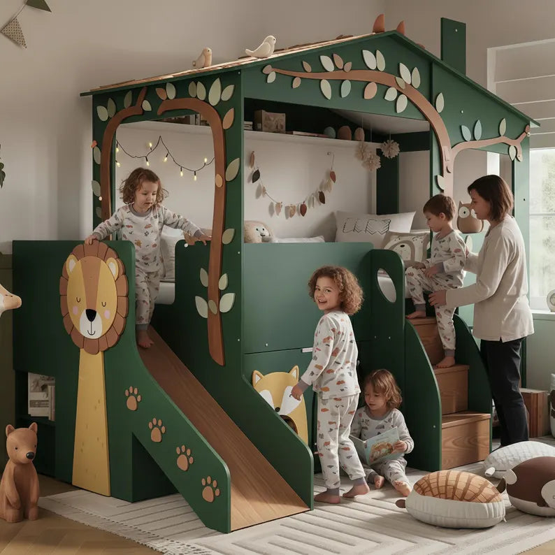Forest Green Wooden Treehouse Loft Bed with Slide & Storage Stairs | Jungle Animal Kids Bed