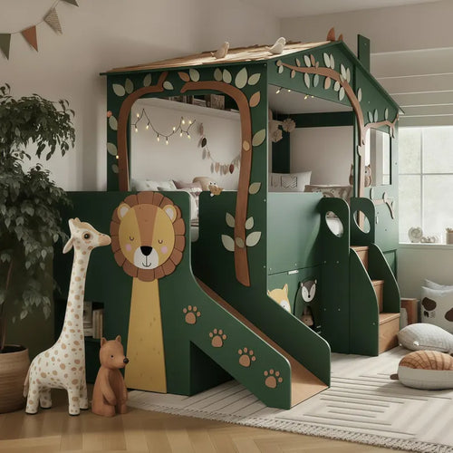 Forest Green Wooden Treehouse Loft Bed with Slide & Storage Stairs | Jungle Animal Kids Bed