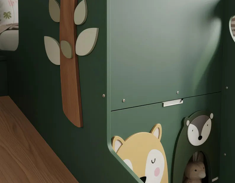 Forest Green Wooden Treehouse Loft Bed with Slide & Storage Stairs | Jungle Animal Kids Bed