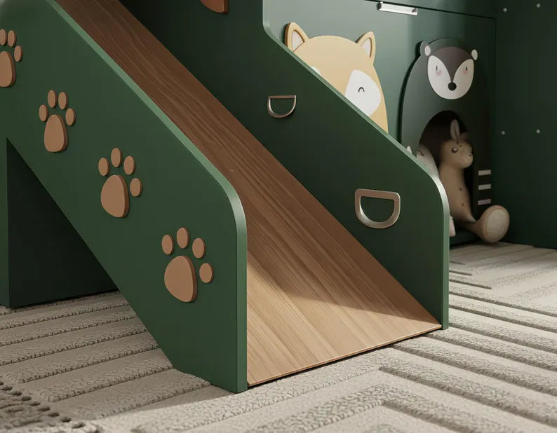 Forest Green Wooden Treehouse Loft Bed with Slide & Storage Stairs | Jungle Animal Kids Bed