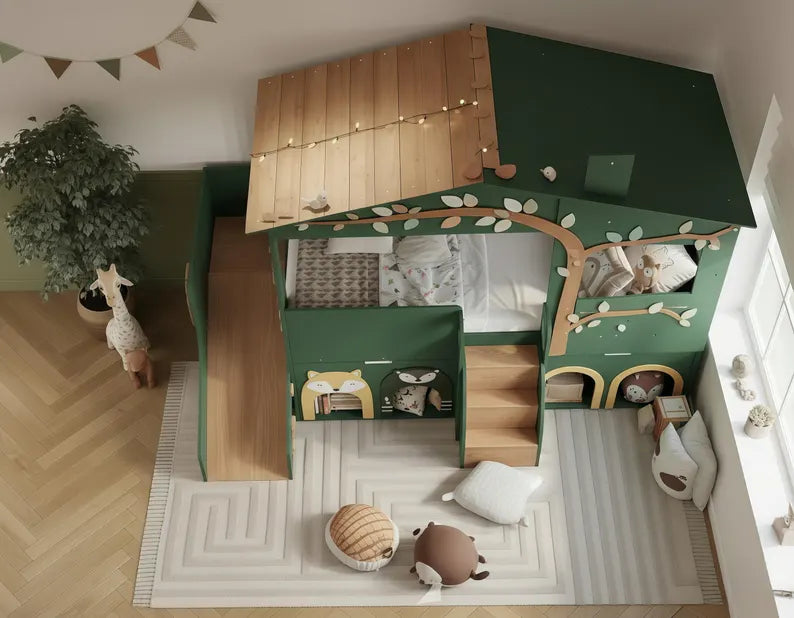 Forest Green Wooden Treehouse Loft Bed with Slide & Storage Stairs | Jungle Animal Kids Bed