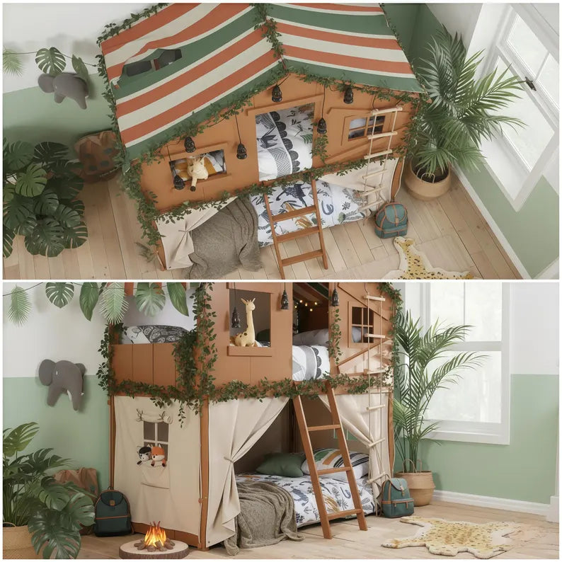 Jungle Safari Treehouse Bunk Bed | Kids' Loft Bed with Tent
