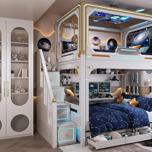 Futuristic Space Capsule Bunk Bed | LED Loft Bed with Storage Stairs