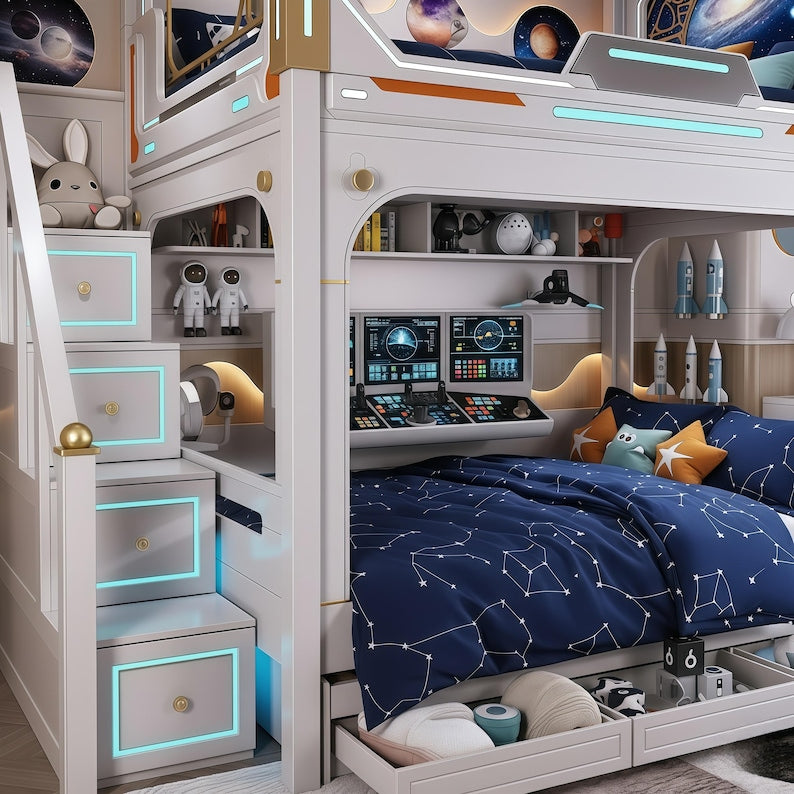 Futuristic Space Capsule Bunk Bed | LED Loft Bed with Storage Stairs