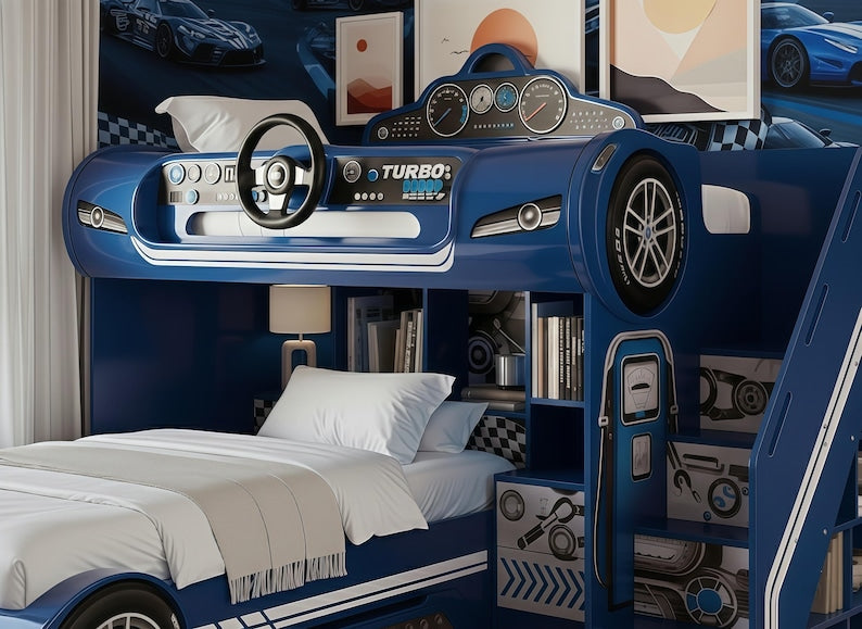 Turbo Blue Race Car Bunk Bed with Steering Wheel & Storage Stairs