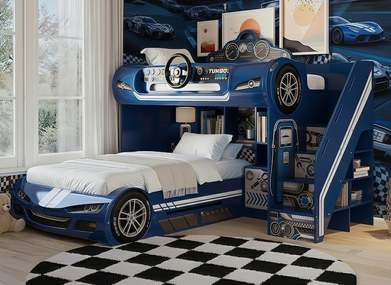 Turbo Blue Race Car Bunk Bed with Steering Wheel & Storage Stairs