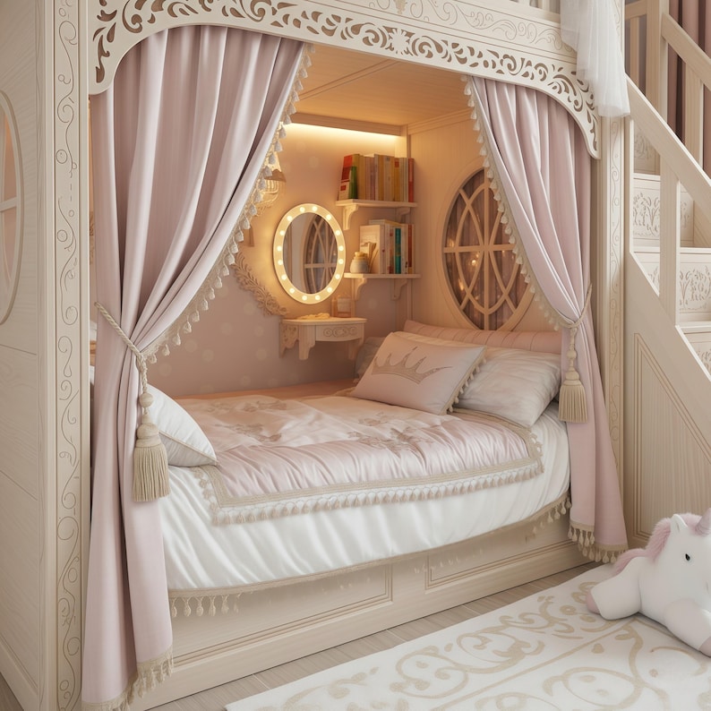 Ornate Princess Castle Bunk Bed with Storage Stairs & Canopy