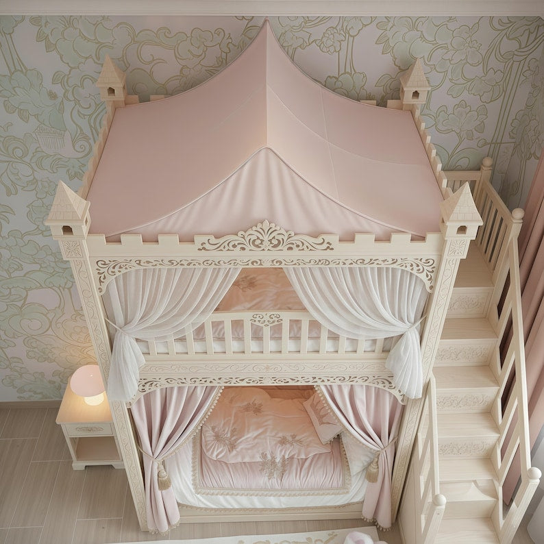 Ornate Princess Castle Bunk Bed with Storage Stairs & Canopy