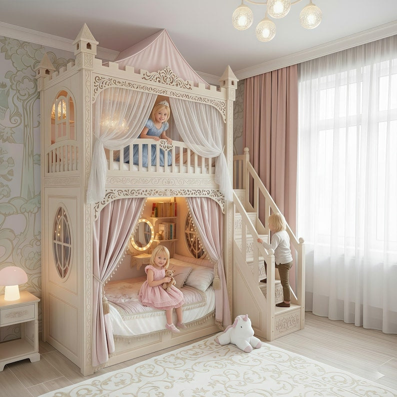 Ornate Princess Castle Bunk Bed with Storage Stairs & Canopy