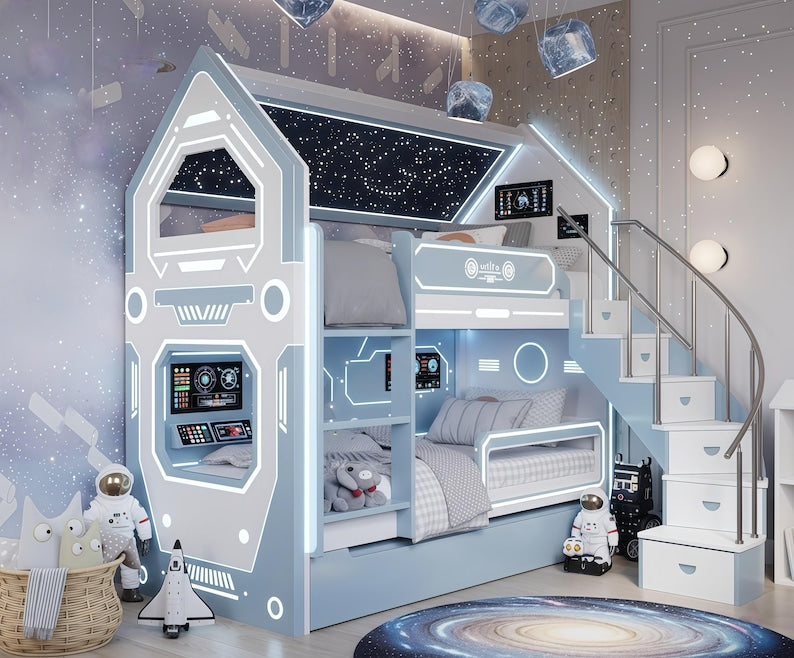 Space Bunk Bed with LED Lights | Kids Futuristic Loft Bed