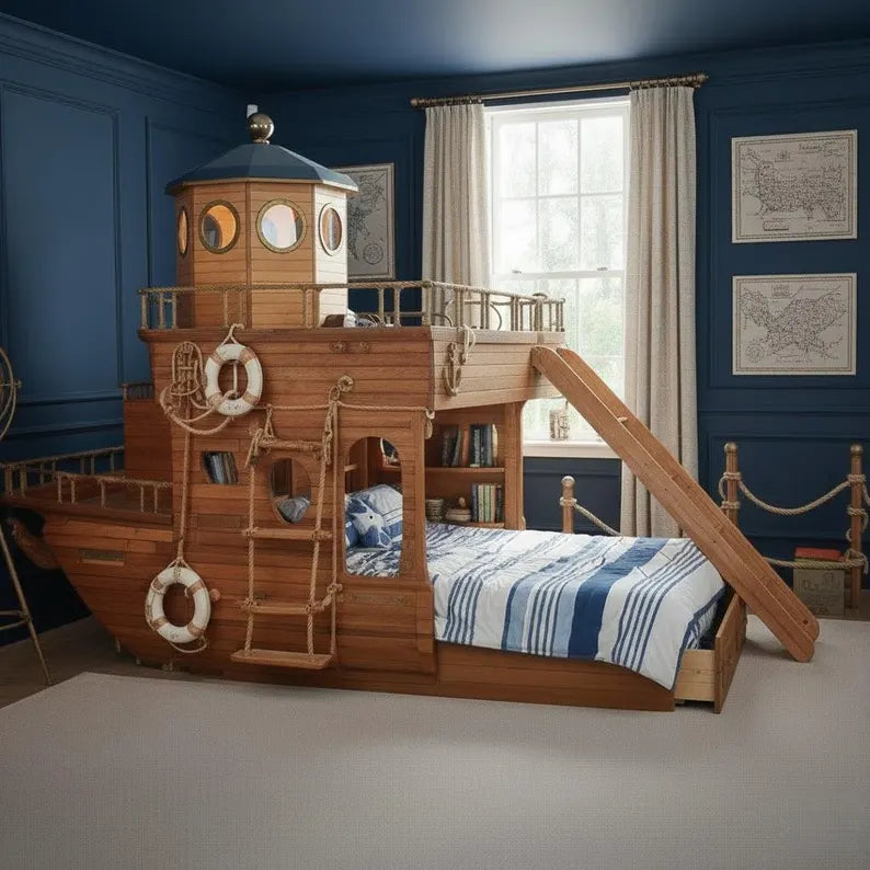 Nautical Boat Bunk Bed with Slide | Captain's Cabin Loft Bed