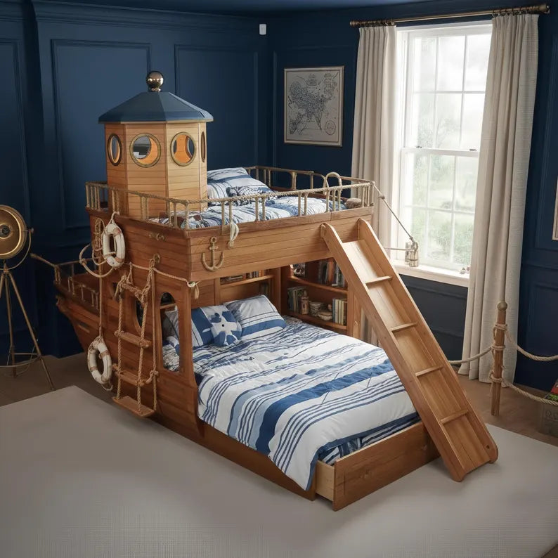 Nautical Boat Bunk Bed with Slide | Captain's Cabin Loft Bed