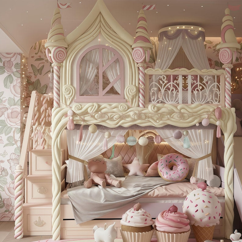 Candy Land Bunk Bed with Slide and Storage Stairs | Princess Sweet Shop Loft Bed with Turrets | Cream Fairy Tale Furniture