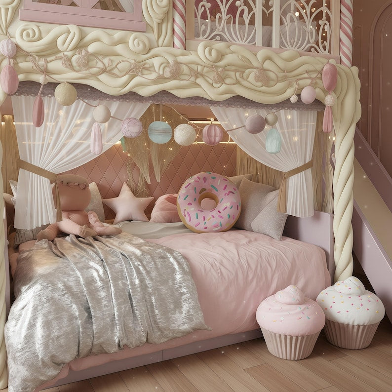 Candy Land Bunk Bed with Slide and Storage Stairs | Princess Sweet Shop Loft Bed with Turrets | Cream Fairy Tale Furniture
