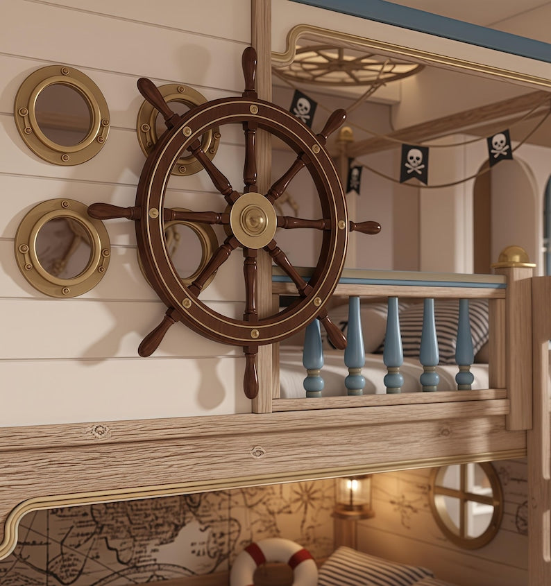 Pirate Ship Themed Bunk Bed w/ Captain's Wheel & Drawers | Nautical Kids Loft Bed
