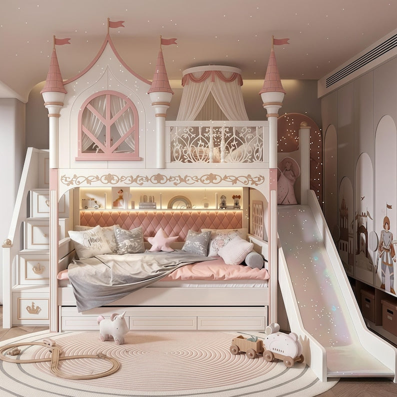 Castle Bunk Bed with Slide & Storage Stairs | Luxury Princess Pink, White Palace Loft