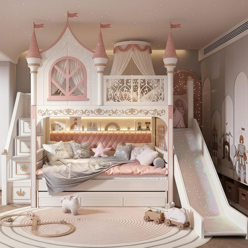 Castle Bunk Bed with Slide & Storage Stairs | Luxury Princess Pink, White Palace Loft
