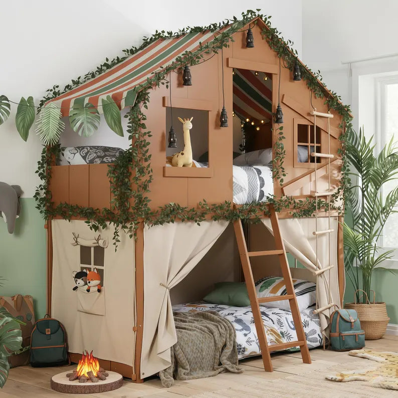 Jungle Safari Treehouse Bunk Bed | Kids' Loft Bed with Tent