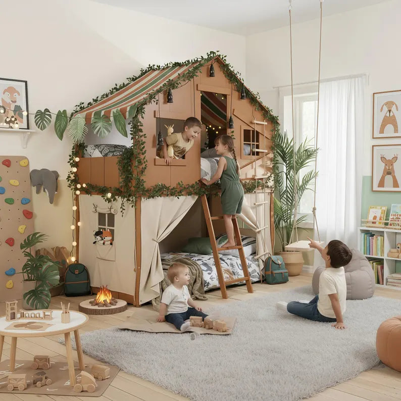 Jungle Safari Treehouse Bunk Bed | Kids' Loft Bed with Tent