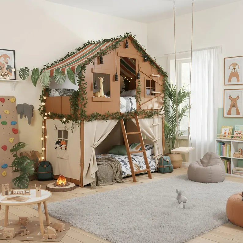 Jungle Safari Treehouse Bunk Bed | Kids' Loft Bed with Tent