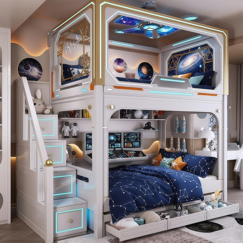 Futuristic Space Capsule Bunk Bed | LED Loft Bed with Storage Stairs