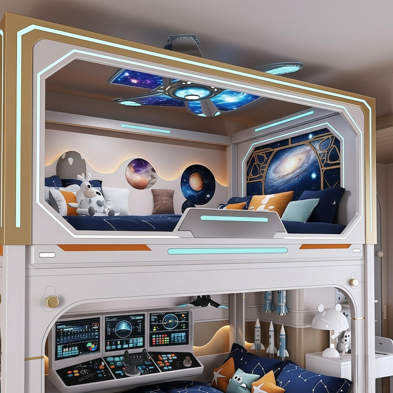 Futuristic Space Capsule Bunk Bed | LED Loft Bed with Storage Stairs