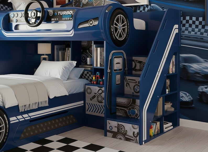 Turbo Blue Race Car Bunk Bed with Steering Wheel & Storage Stairs
