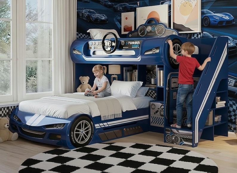 Turbo Blue Race Car Bunk Bed with Steering Wheel & Storage Stairs