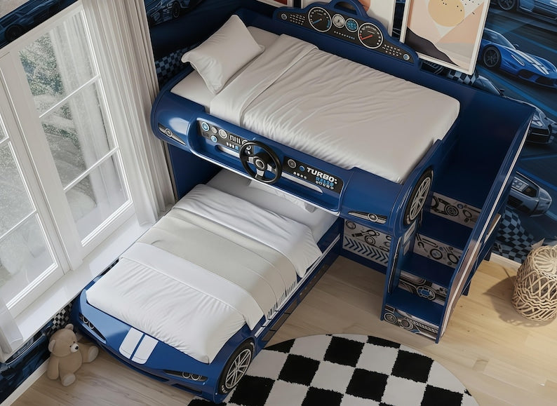 Turbo Blue Race Car Bunk Bed with Steering Wheel & Storage Stairs