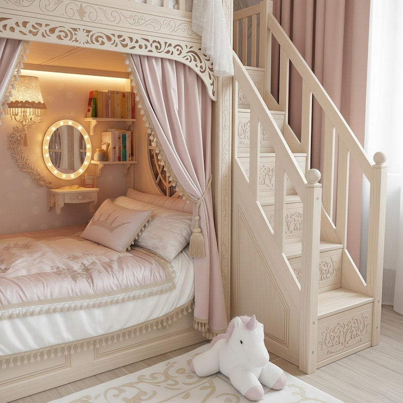 Ornate Princess Castle Bunk Bed with Storage Stairs & Canopy